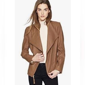 VIA SPIGA Assymetric Zip Leather Moto Jacket Sz S Brown Beige Sand
